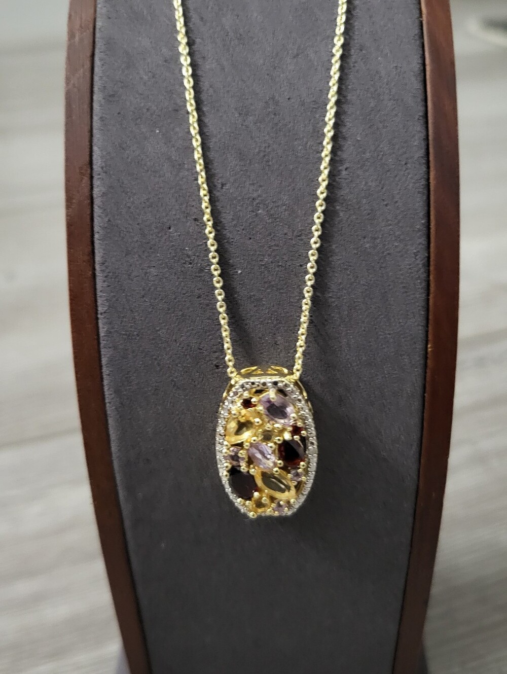 Goldtone MultiGemstone Oval Pendant Necklace - Genuine Garnet, Citrine, Amethyst - Picture 4 of 4